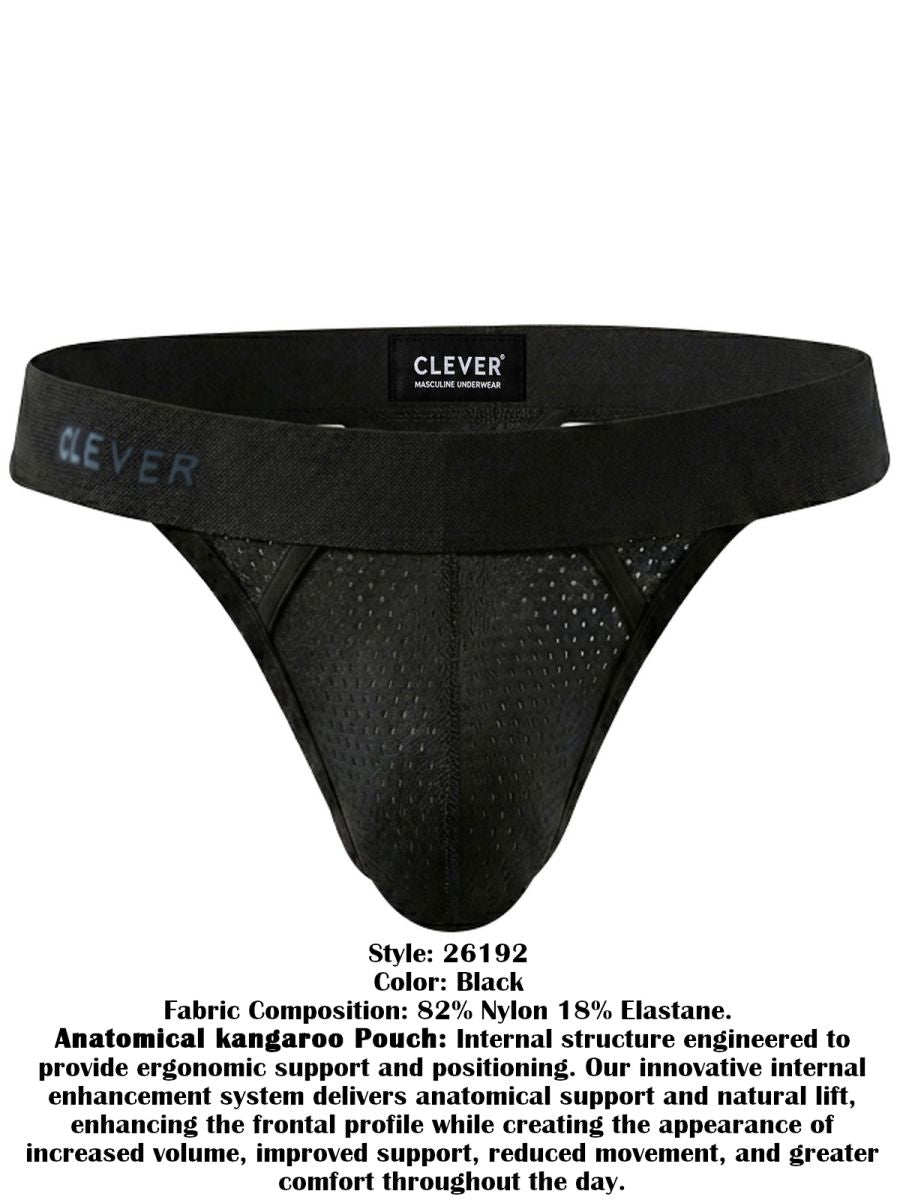 Black Clever Moda thong with mesh fabric, elastic waistband, and logo branding.