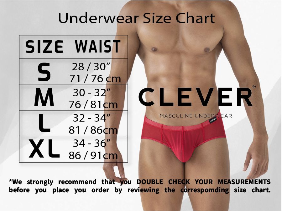 Clever Moda men's red ergonomic briefs displayed on a model alongside a size chart.