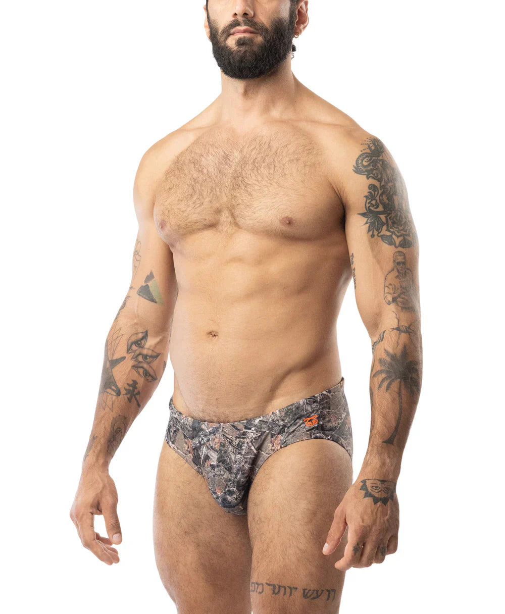Core square cut timber swim trunks with camouflage pattern and subtle orange accents for stylish beachwear