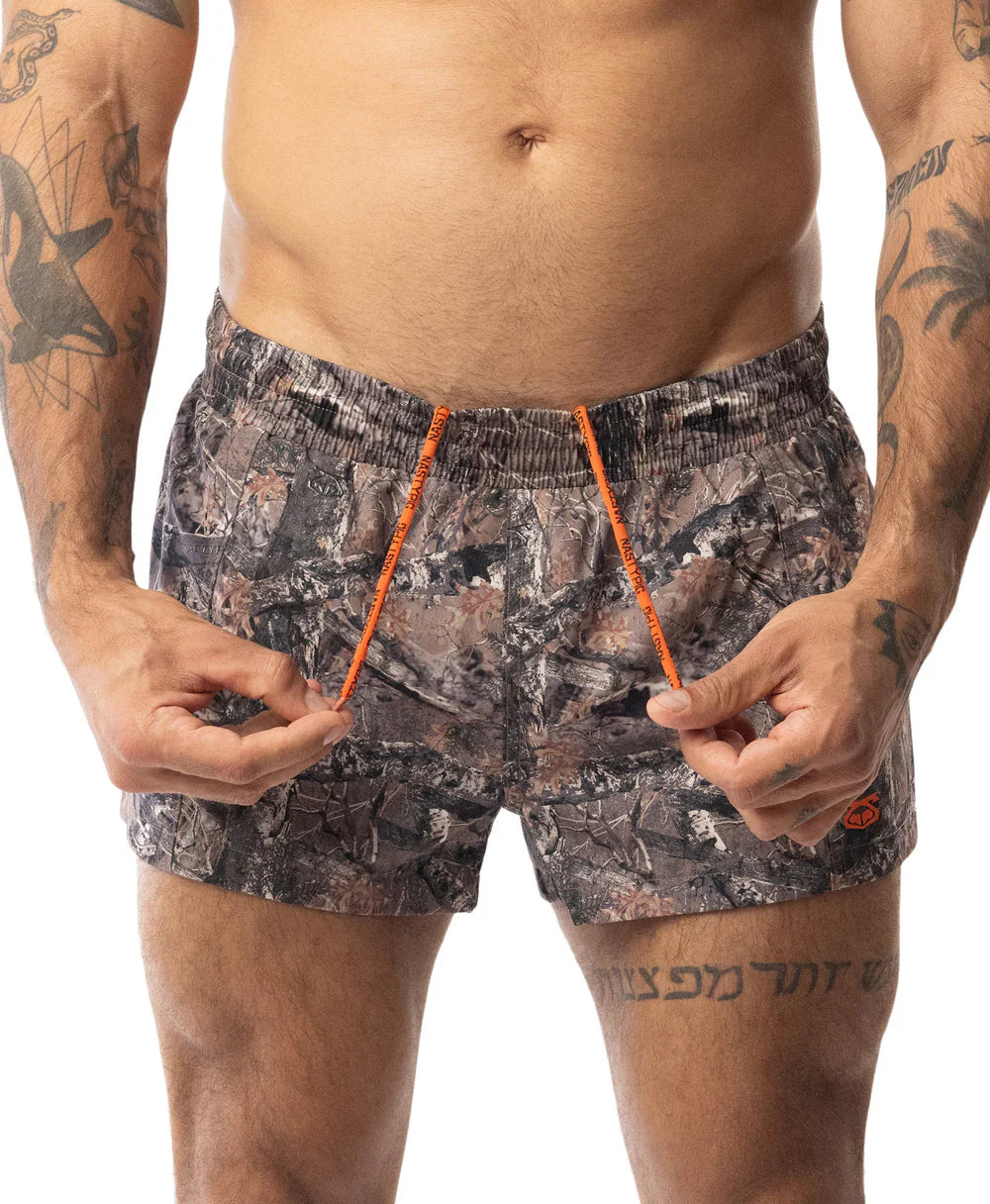 Core swim trunk timber camouflage patterned swim trunks with bright orange drawstrings for casual beachwear