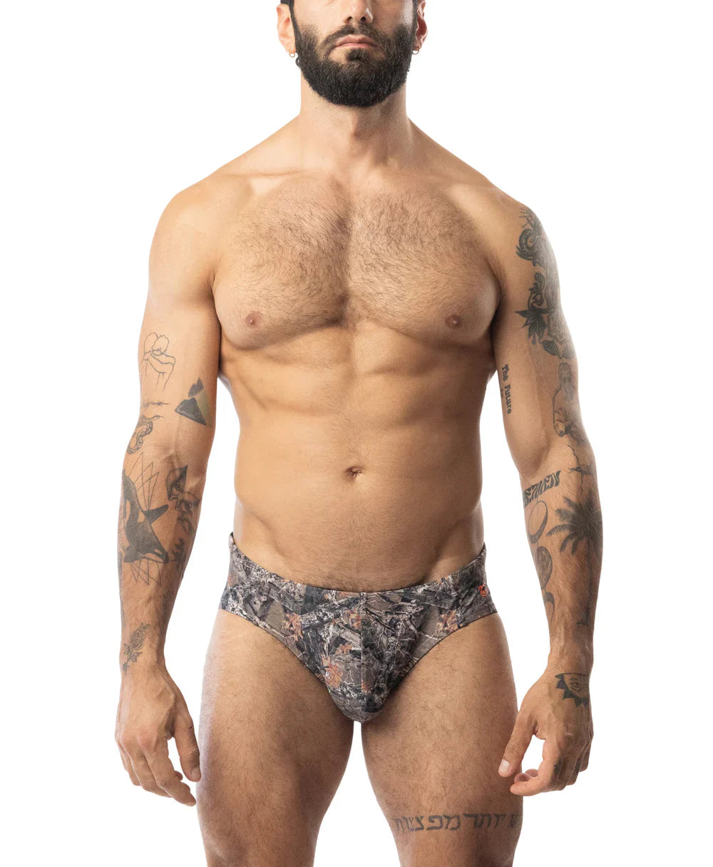 Core bikini timber black and gray camouflage briefs with a snug athletic fit for active wear