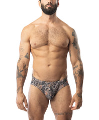 Core bikini timber black and gray camouflage briefs with a snug athletic fit for active wear
