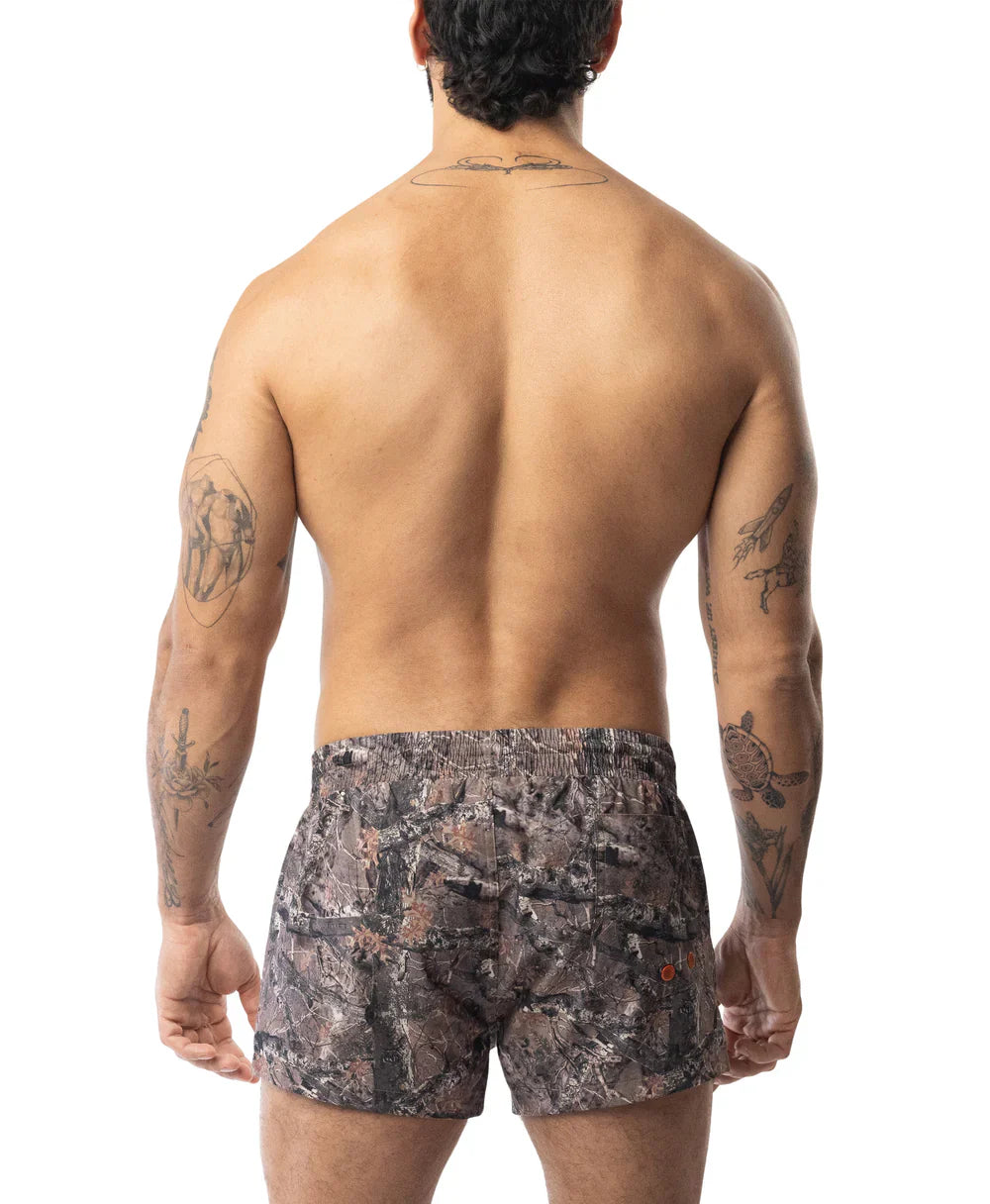 Men’s core swim trunk timber with camouflage pattern in dark gray brown and muted green tones for swimming