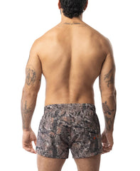 Men’s core swim trunk timber with camouflage pattern in dark gray brown and muted green tones for swimming