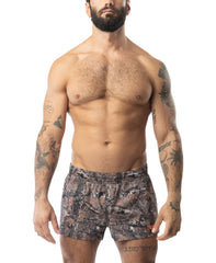 Men’s core swim trunk timber with camouflage pattern in earthy tones and subtle orange accents for swimwear use