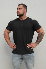 Jed North Herren Waffel-Henley-T-Shirt - Schwarz