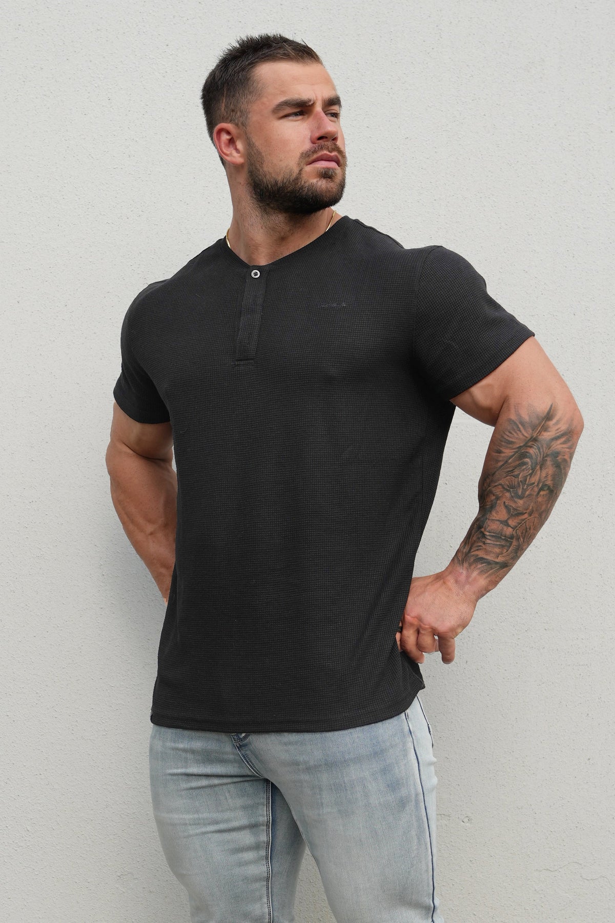 Jed North Herren Waffel-Henley-T-Shirt - Schwarz
