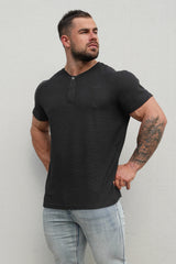 Jed North Herren Waffel-Henley-T-Shirt - Schwarz