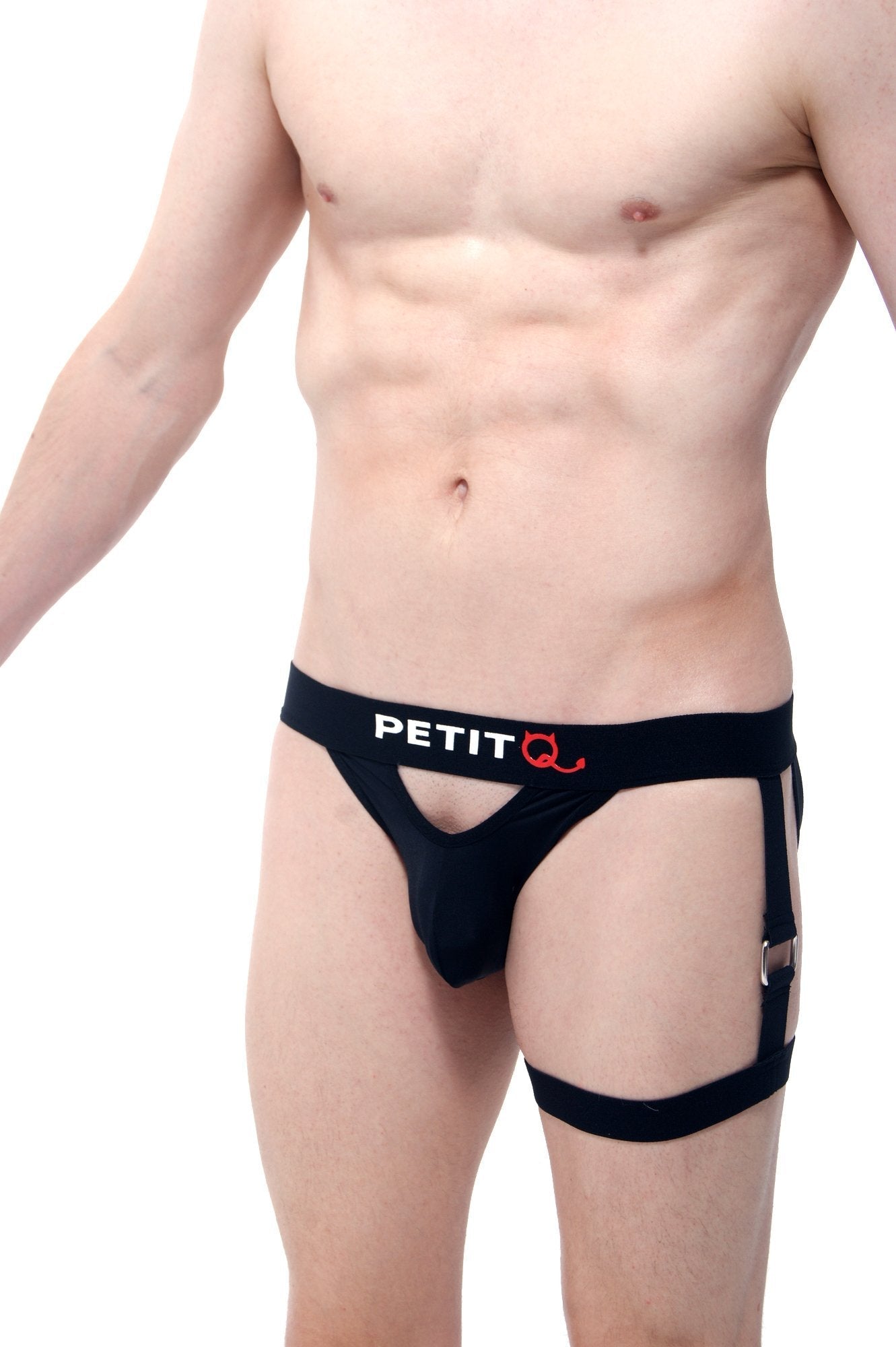 Black petitq men’s briefs with side straps and red logo designed for comfort and support in active wear