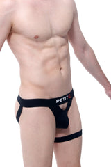 Black petitq jockstrap with central pouch and side straps designed for comfort and support in adventure activities