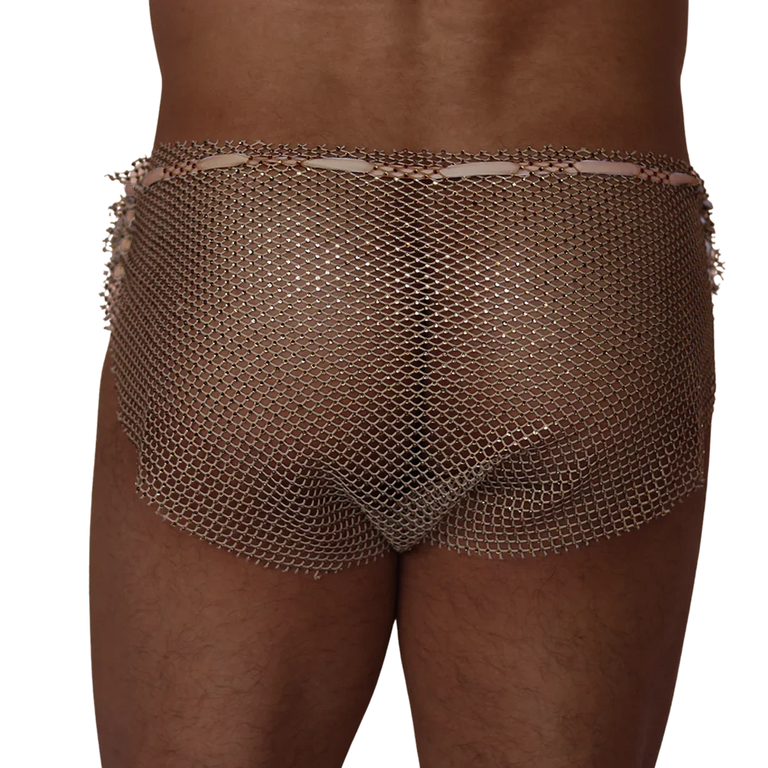 Gigo Diamond beige hot shorts feature a sheer, metallic-toned chainmail mesh design with a thin, light-colored waistband.