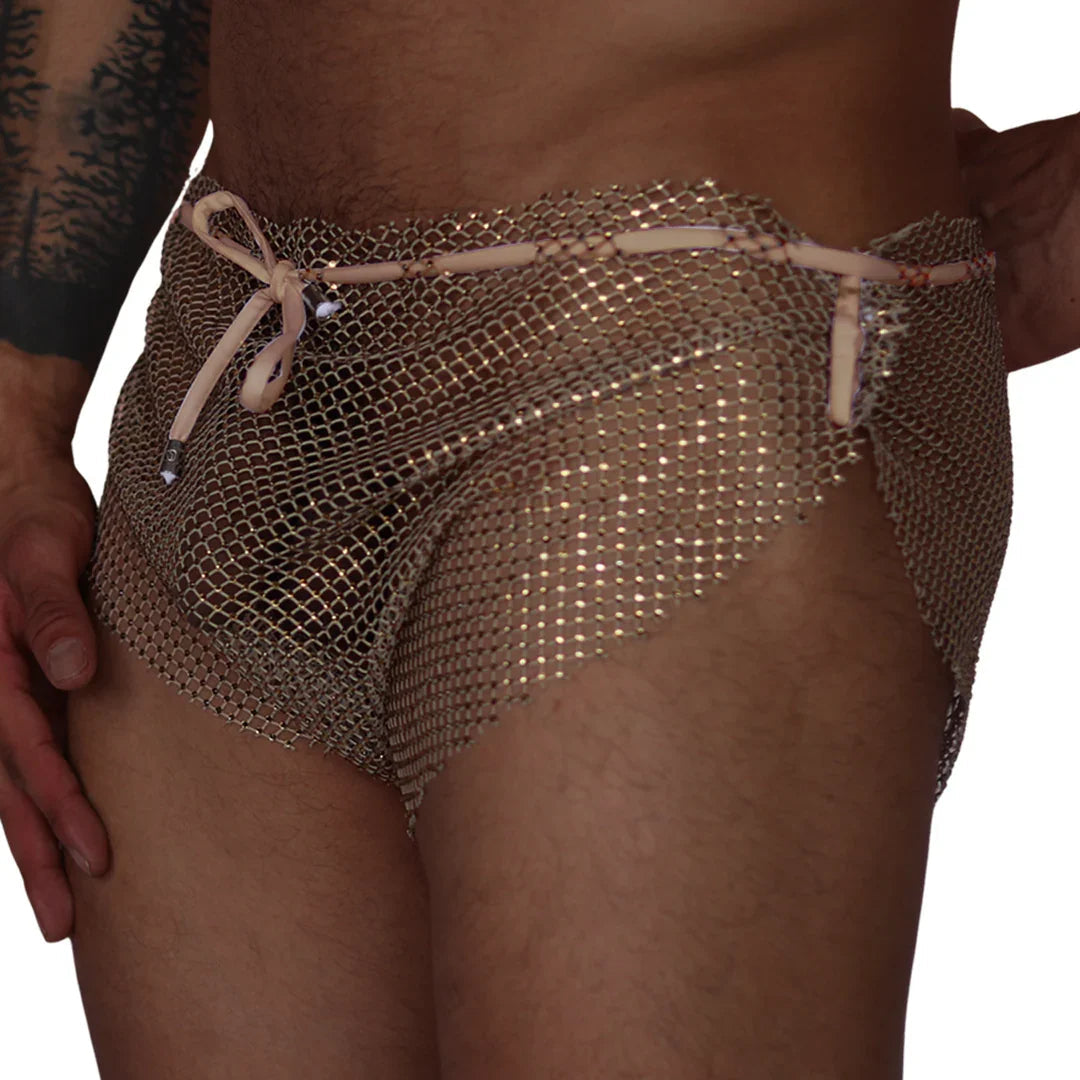 Gigo Diamond beige hot shorts: metallic, sheer mesh design with a drawstring waist and high-cut leg style.