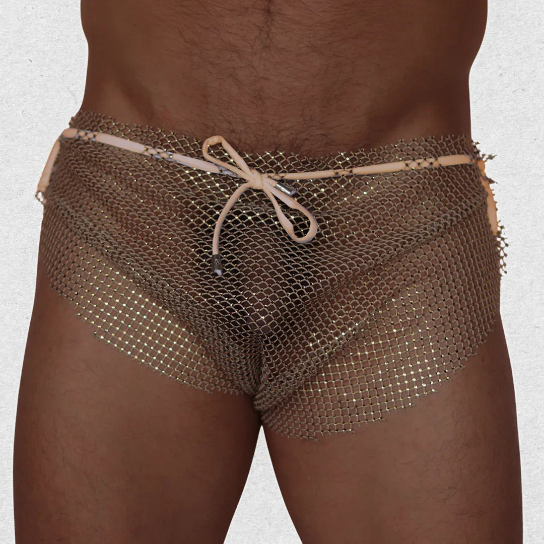 Gigo Diamond beige hot shorts: metallic, grid-patterned mesh underwear with a light beige drawstring waistband.