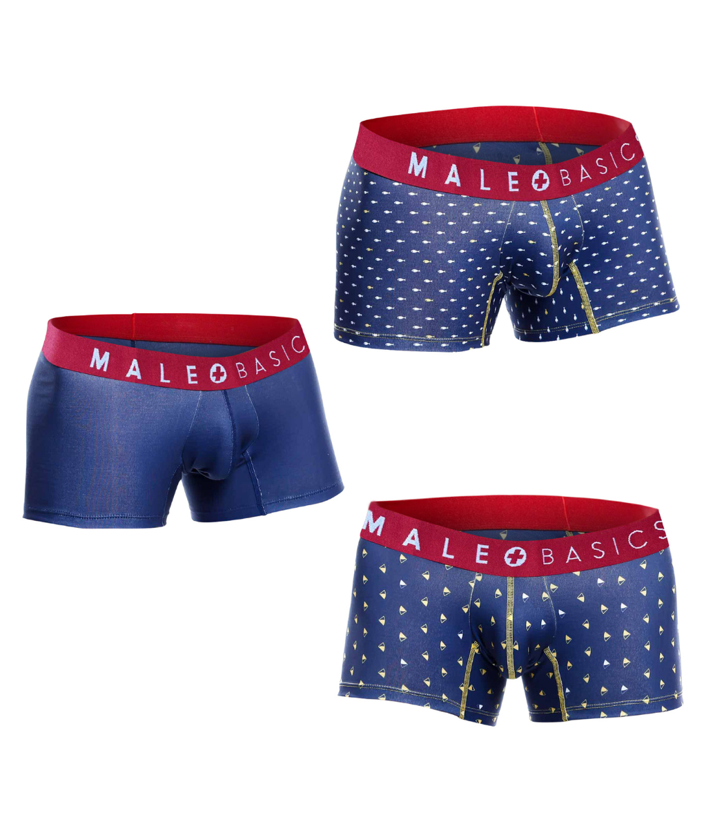 Malebasics 3-pack trunk marine includes blue men’s boxer briefs with red waistbands and white sailboat patterns and one solid pair