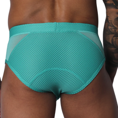 Teal mesh brief with a wide waistband, featuring semi-sheer side panels and a solid center texture.