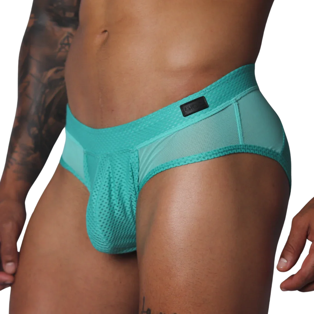 Aqua-colored athletic briefs featuring textured mesh fabric, side panels, and a Gigo branded waist patch.