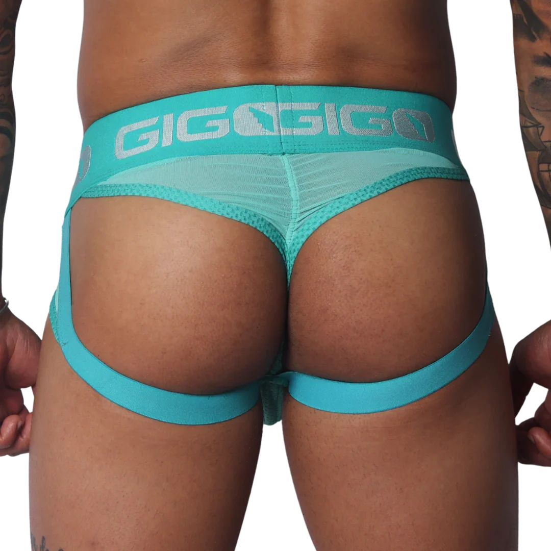 Aqua jockstrap made of sheer mesh with a thick branded waistband and elastic leg straps.