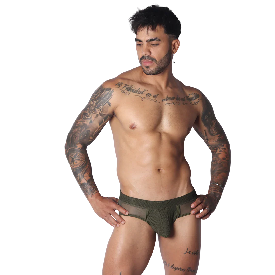 Olive green low-rise briefs featuring a textured mesh pouch and sheer side panels with a wide elastic waistband.