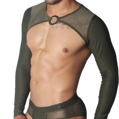 Olive green long-sleeve mesh harness with a central metallic O-ring cutout, worn over a matching mesh brief.