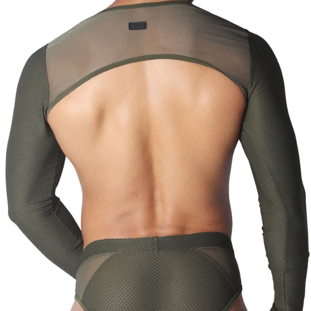 Olive green long-sleeve harness with a textured mesh design and open back.