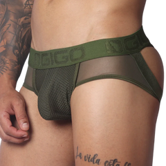 Olive green jockstrap featuring a mesh pouch, sheer side panels, and a branded elastic waistband.
