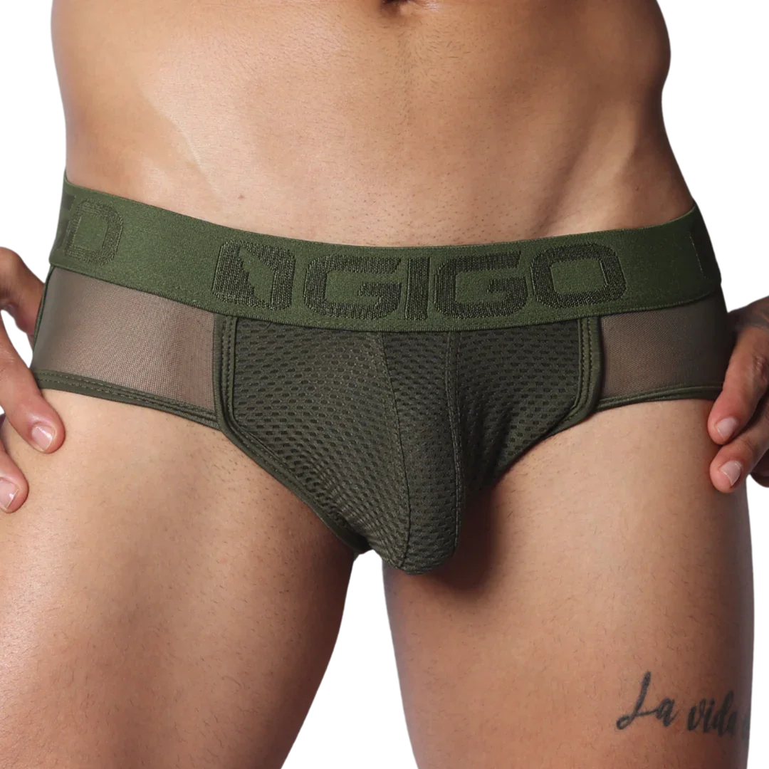 Olive green jock thong with mesh front pouch, sheer side panels, and a branded elastic waistband.