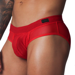 Red mesh athletic brief with a supportive pouch, wide textured waistband, and a black Gigo logo patch.