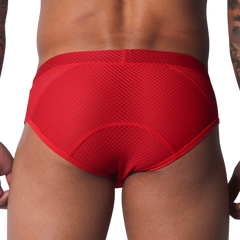 Bright red athletic-style brief with a breathable mesh back panel and solid fabric waistband and side details.