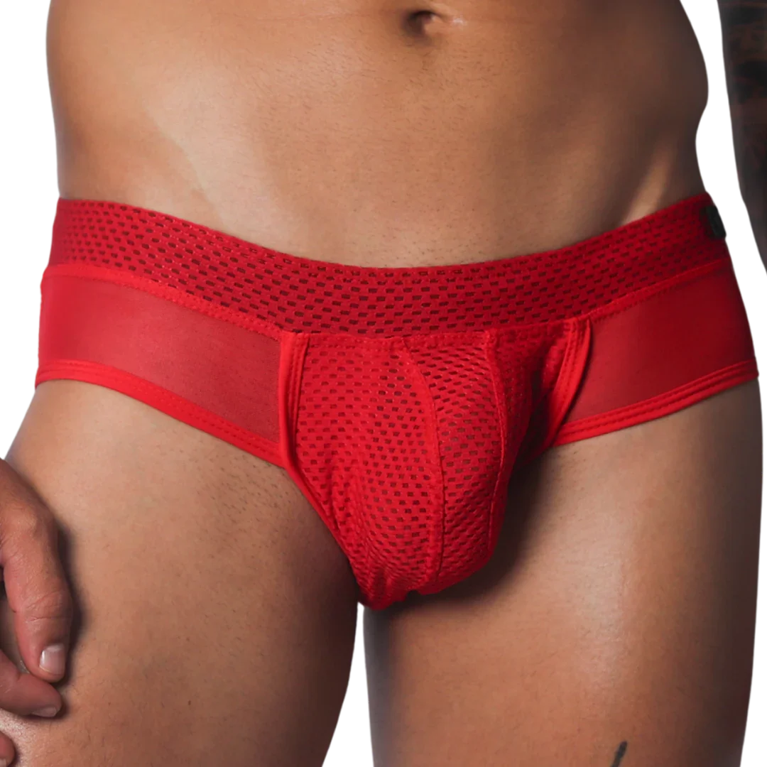 Vibrant red men's low-rise brief featuring sheer mesh panels and a textured mesh pouch for a breathable, athletic fit.