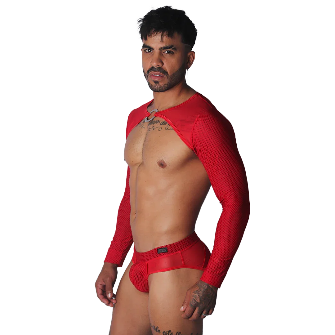 Red mesh long-sleeve harness with a center metal ring and matching red mesh briefs on a shirtless man.