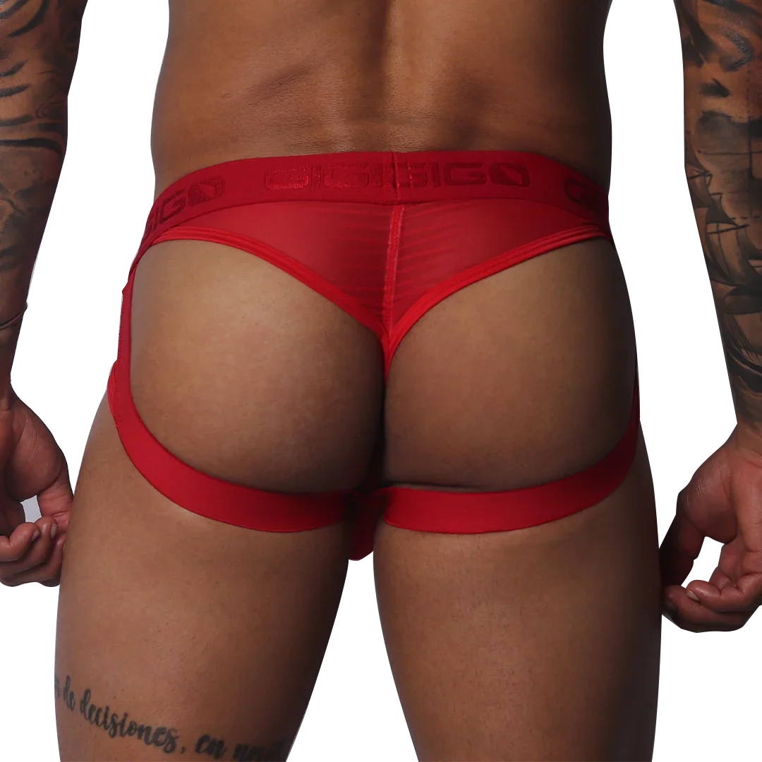 Red mesh jock strap with a wide branded elastic waistband and supportive leg straps.