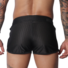 Black athletic short shorts in breathable mesh fabric with a solid waistband and slim, rounded hem.