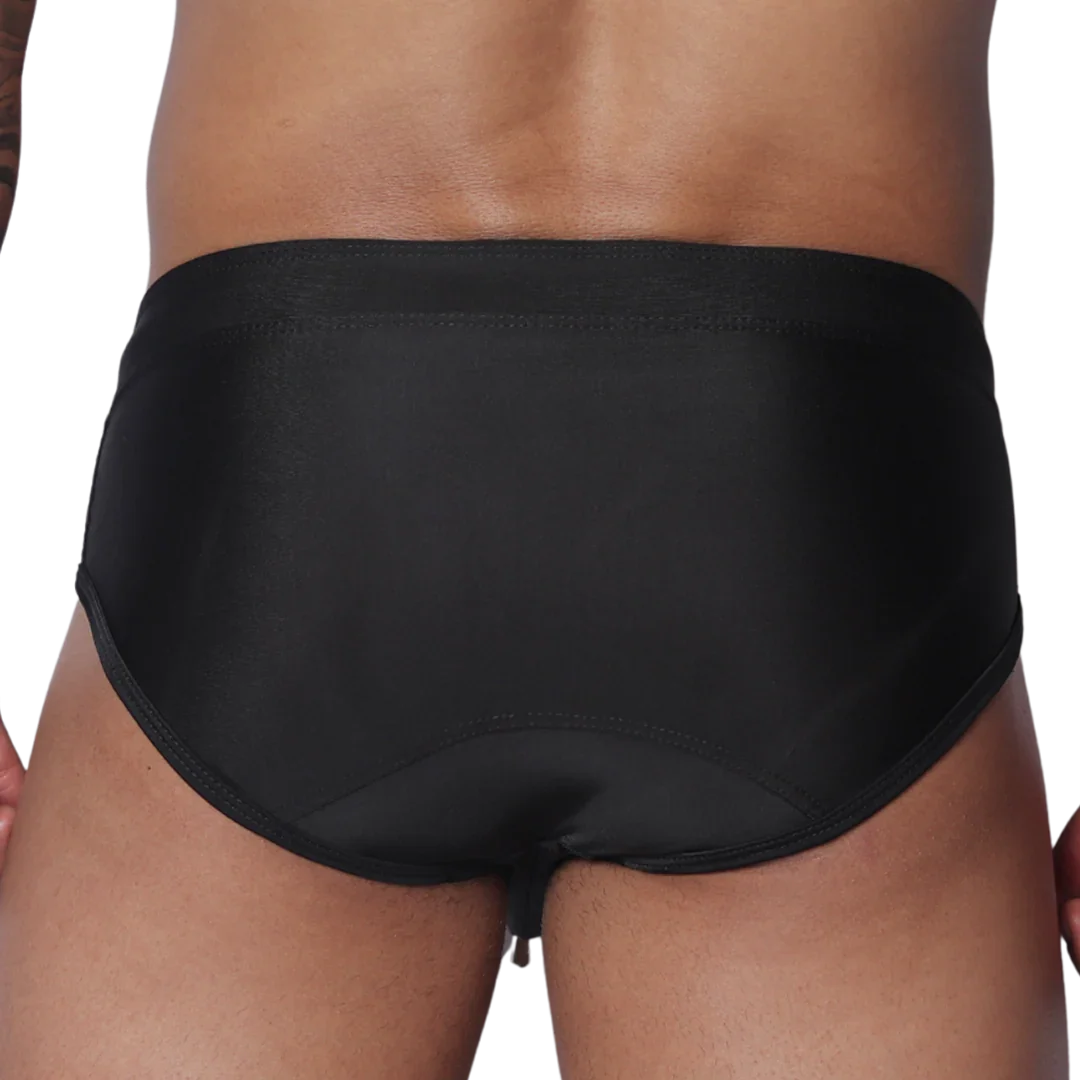 Solid black swim brief in a minimalist, sleek style with a wide waistband and smooth, fitted fabric.