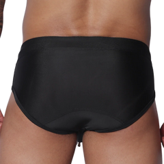 Solid black swim brief in a minimalist, sleek style with a wide waistband and smooth, fitted fabric.