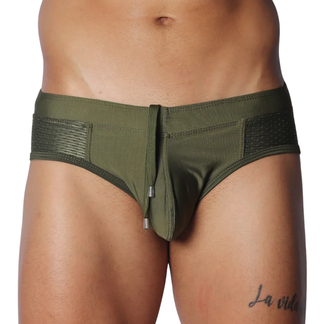 Olive green swim brief with a center drawstring, contoured pouch, and textured side mesh panels.