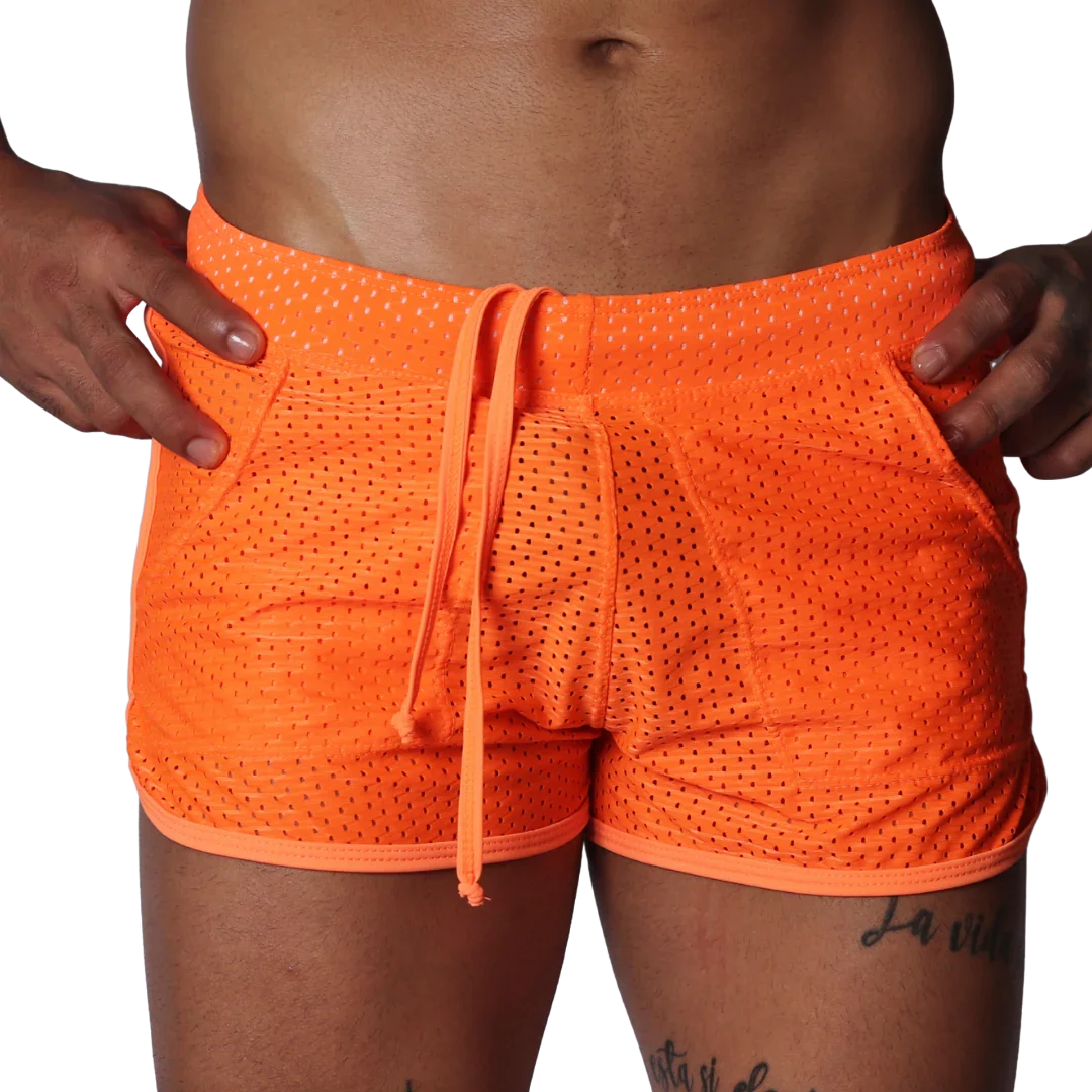 Bright orange athletic mesh shorts with a drawstring waistband and side pockets.