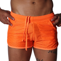 Bright orange athletic mesh shorts with a drawstring waistband and side pockets.