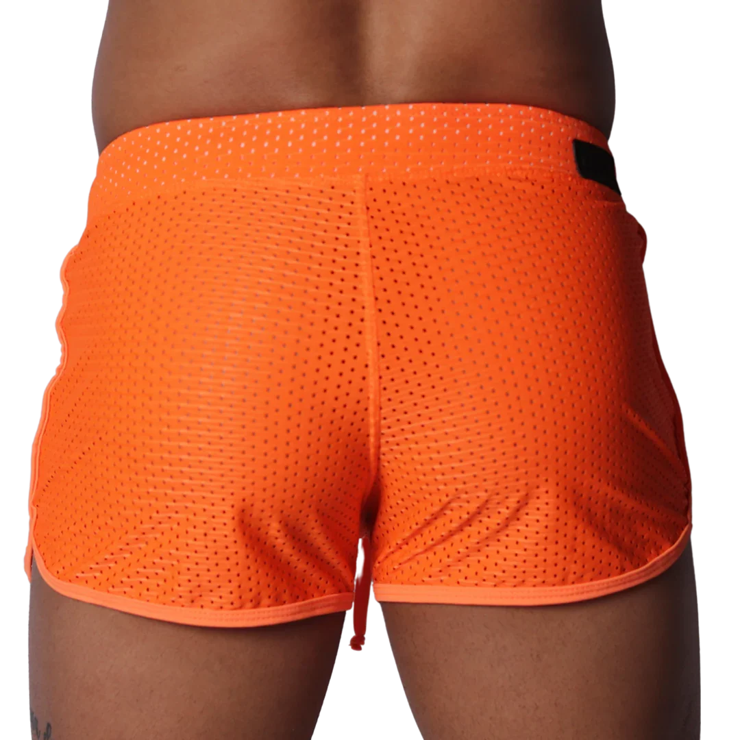 Bright orange athletic mesh shorts with a thick waistband and contrasting orange hem trim.