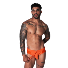 Bright orange swim brief with mesh side panels and a front drawstring detail.