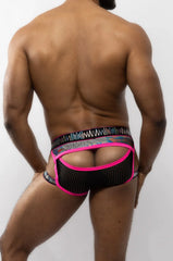 Black mesh electro brief with vibrant pink trim and colorful patterned waistband for stylish comfort