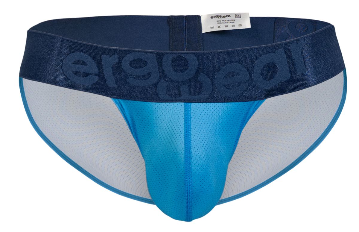Blue and white ergonomic briefs with mesh design and ergogear logo on waistband from ergowear ew1821 max bold bikini