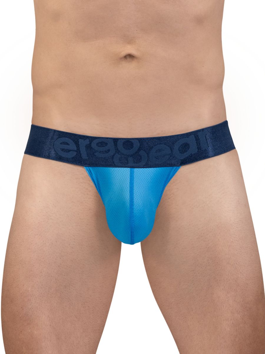 Blue sheer men’s briefs with a dark blue elastic waistband featuring the ergo wear logo in color river blue