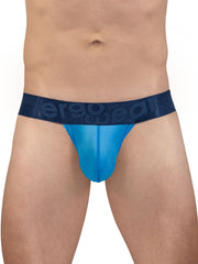 Blue sheer men’s briefs with a dark blue elastic waistband featuring the ergo wear logo in color river blue