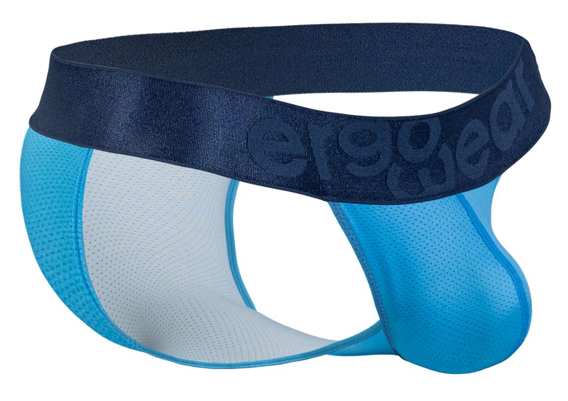 Blue and white mesh athletic briefs with navy waistband and ergo wear logo in river blue from ergo wear ew1821 max bold bikini