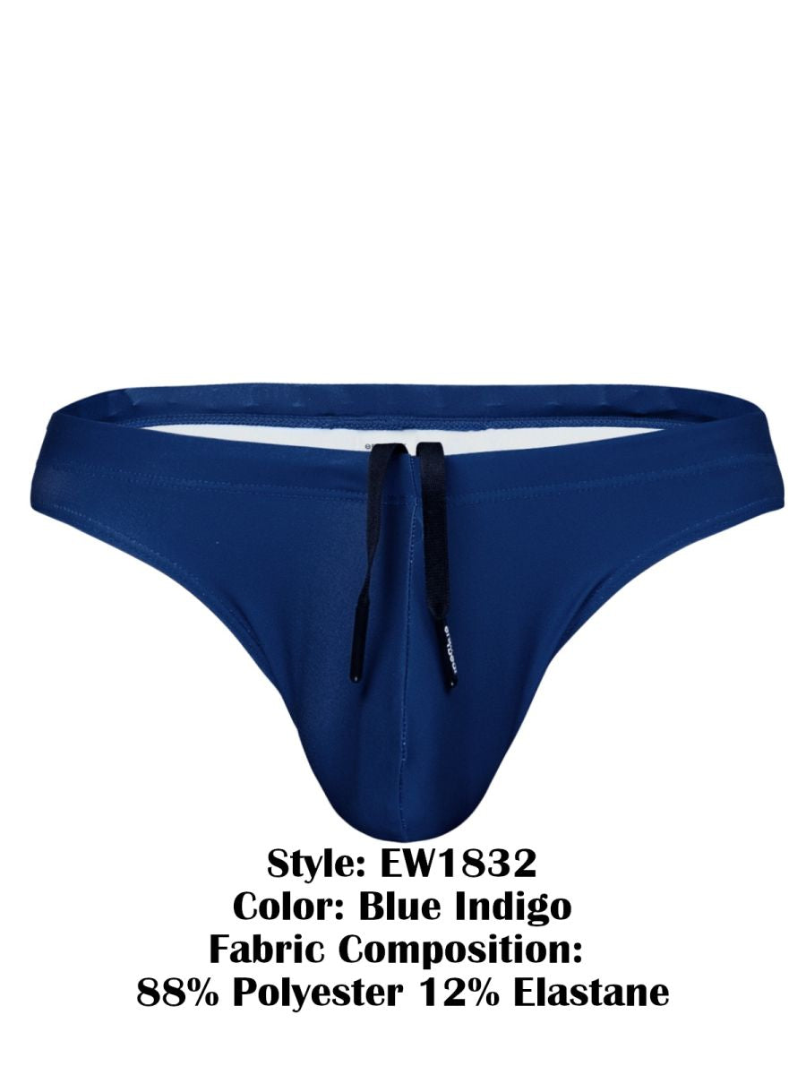 ErgoWear ew1832 x4d sw blue indigo thong swim trunks with black drawstrings and white interior lining