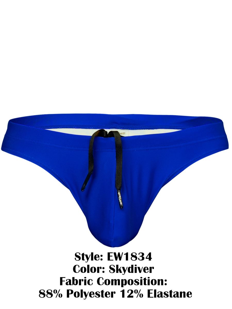 Bright blue skydiver ergowear ew1834 x4d swim thong made of 88% polyester 12% elastane with black drawstring tie