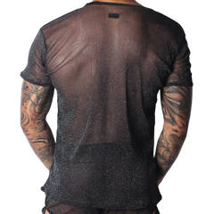 Black semi-sheer, metallic short-sleeve T-shirt with a lightweight, glittery knit texture.