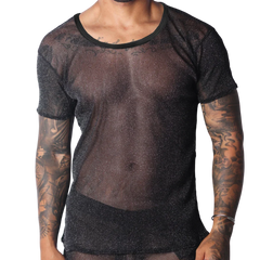 Black sheer scoop-neck T-shirt in a shimmering, fine-knit metallic fabric.