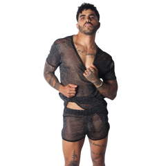 Black sheer, mesh-style short-sleeve T-shirt with a deep V-neck and subtle glittery, textured finish.