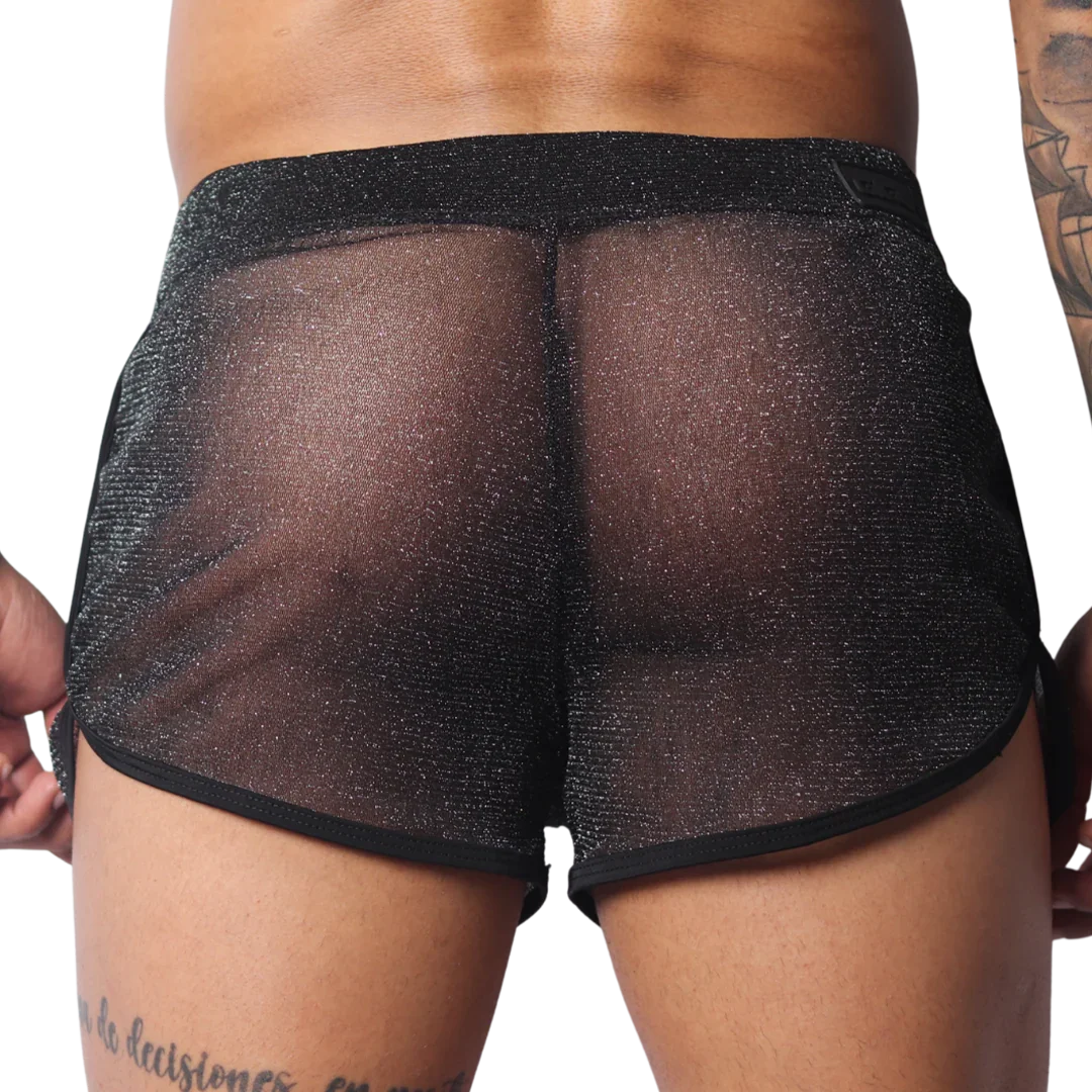 Sheer black athletic short with a subtle metallic shimmer, featuring a wide waistband and black trim.